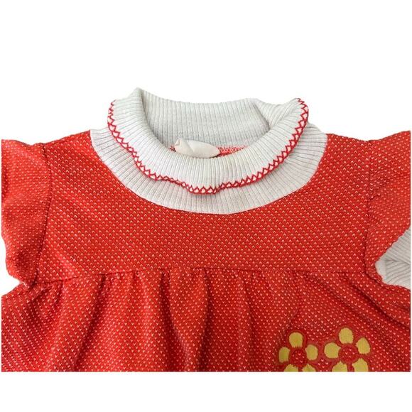 Vintage 1970s Carters Baby Girl Dress Orange White Polka Dot Turtle Neck Flower - Picture 4 of 6